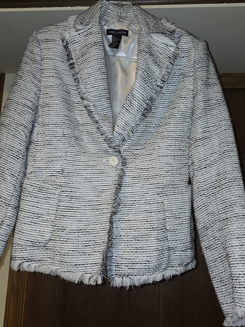 Anne Carson Women's Tweed Blazer Jacket Medium White Black Fringe Trim Career